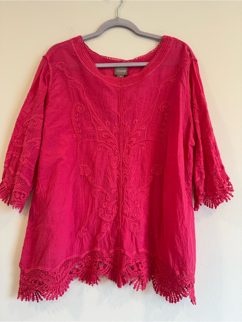 Chico's  Embroidered Crochet-Hem Tunic Top Cotton Boho Size 3 XL/16